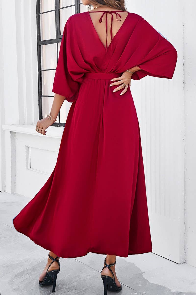 CWDMD1334_V-Neck 3/4 Sleeve With Belt Maxi Dresses
