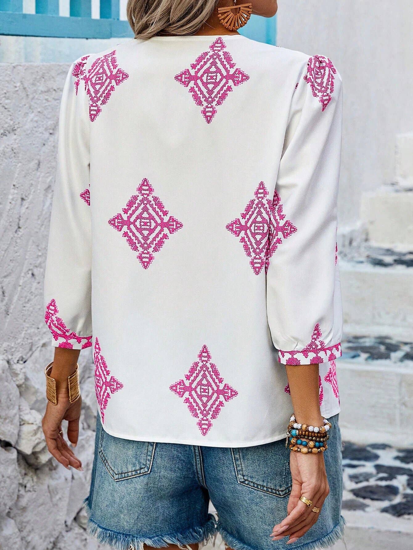 Stylish printed bag seven-point sleeve V-neck top