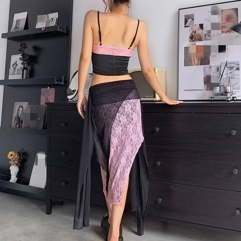 Lace strappy top lace-up cinched waist skirt set