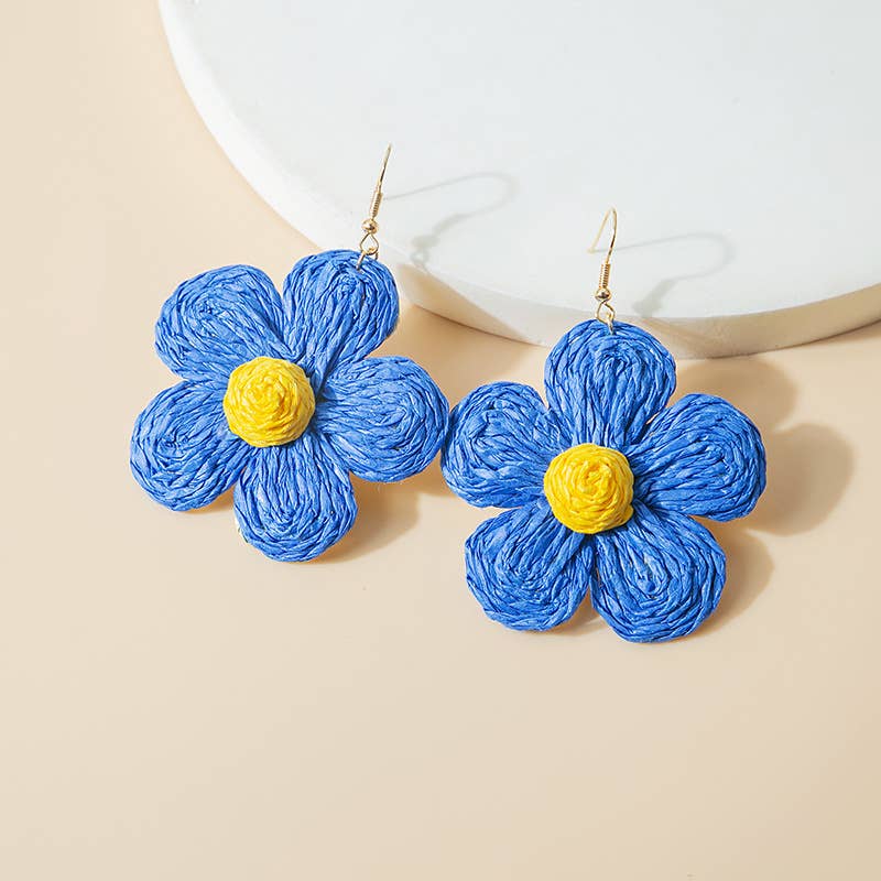 Woven raffia grass exaggerated flower earrings