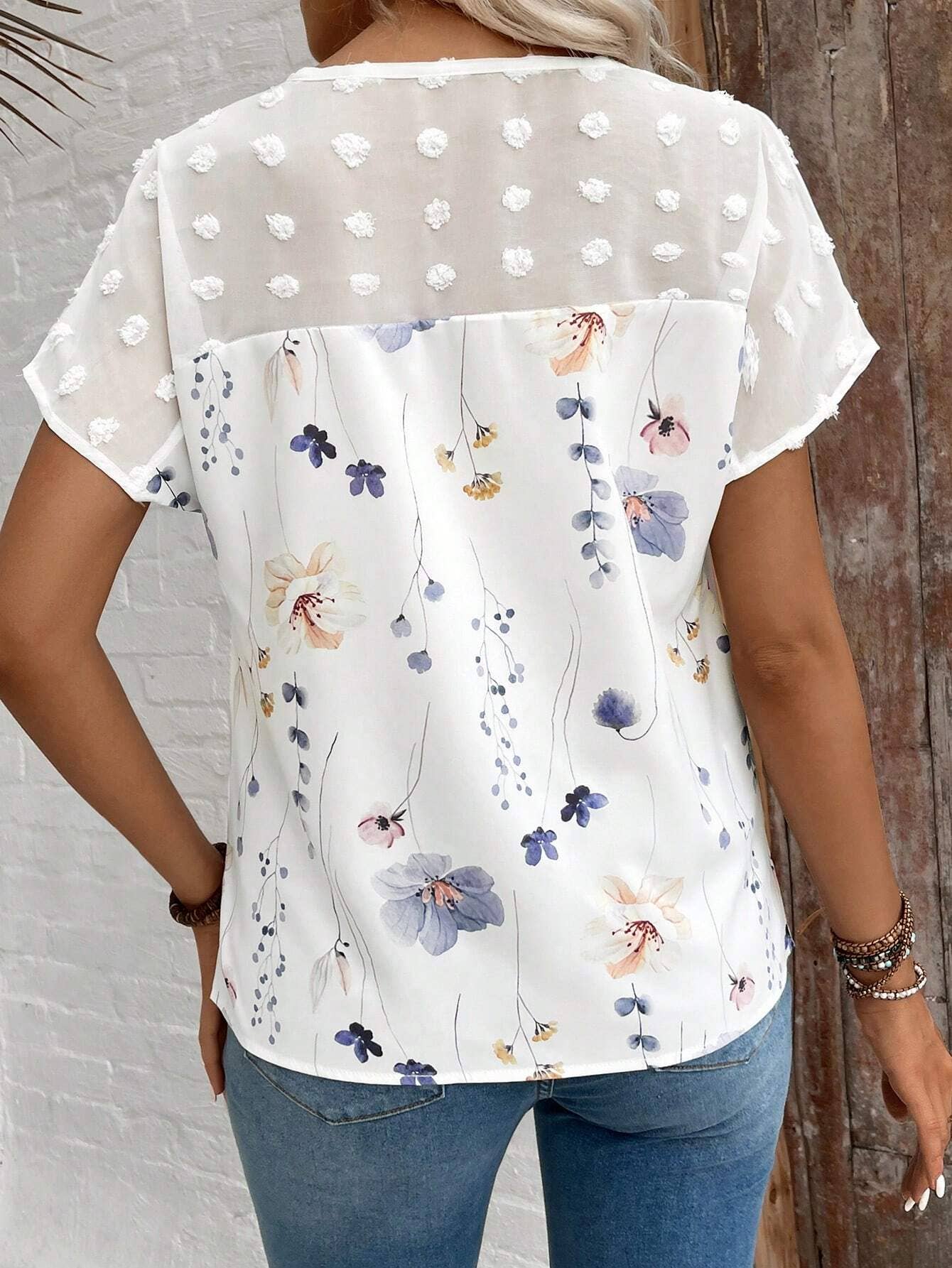 V-NECK PRINTED LACE PATCHWORK SHORT-SLEEVED TOP