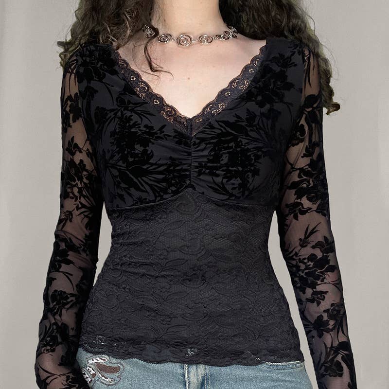 Sexy lace see-through splicing V-neck T-shirt