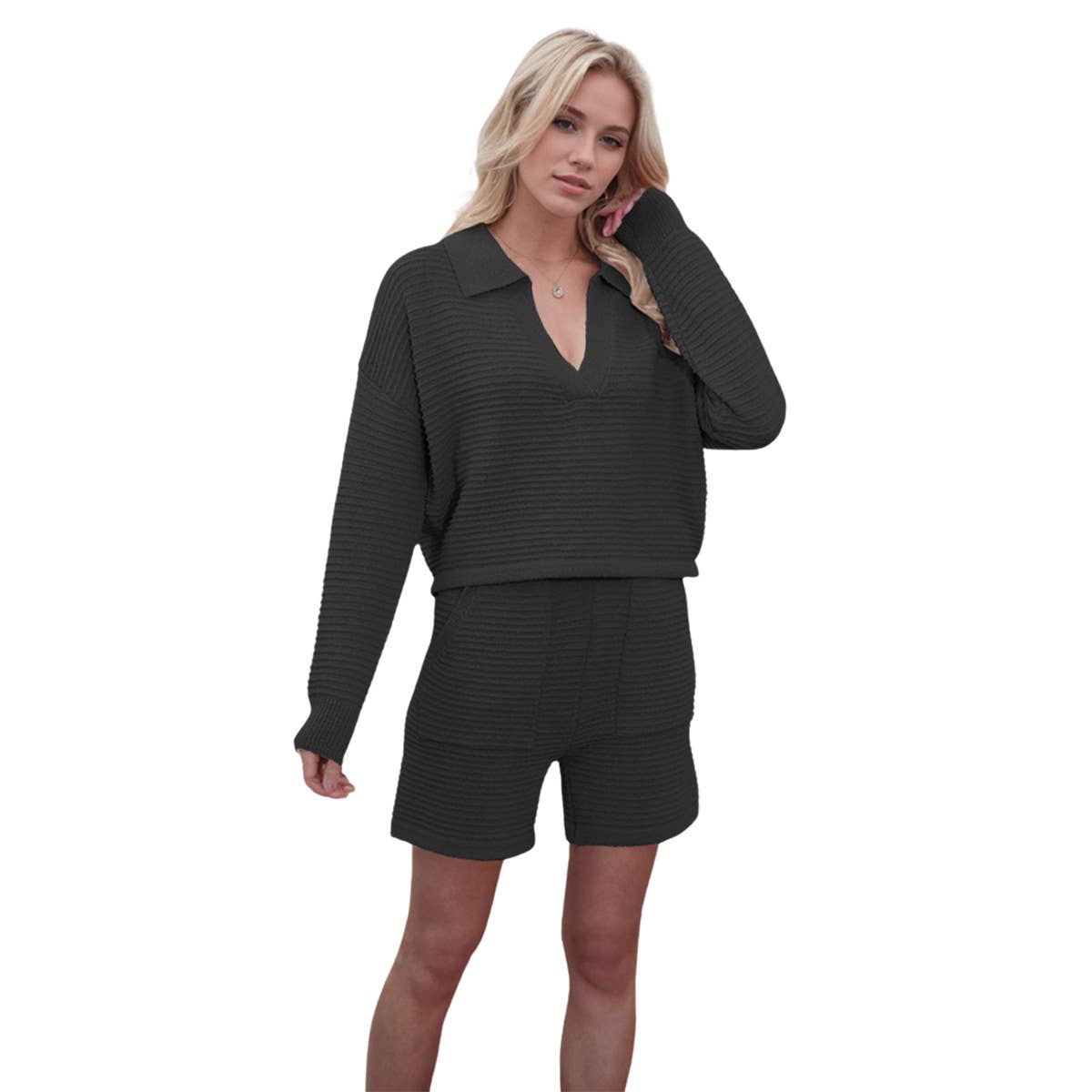 Loose long sleeve shorts solid color knit suit