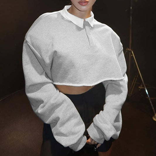 SOLID COLOR POLO NECK SEXY CROP SHORT HOODIE