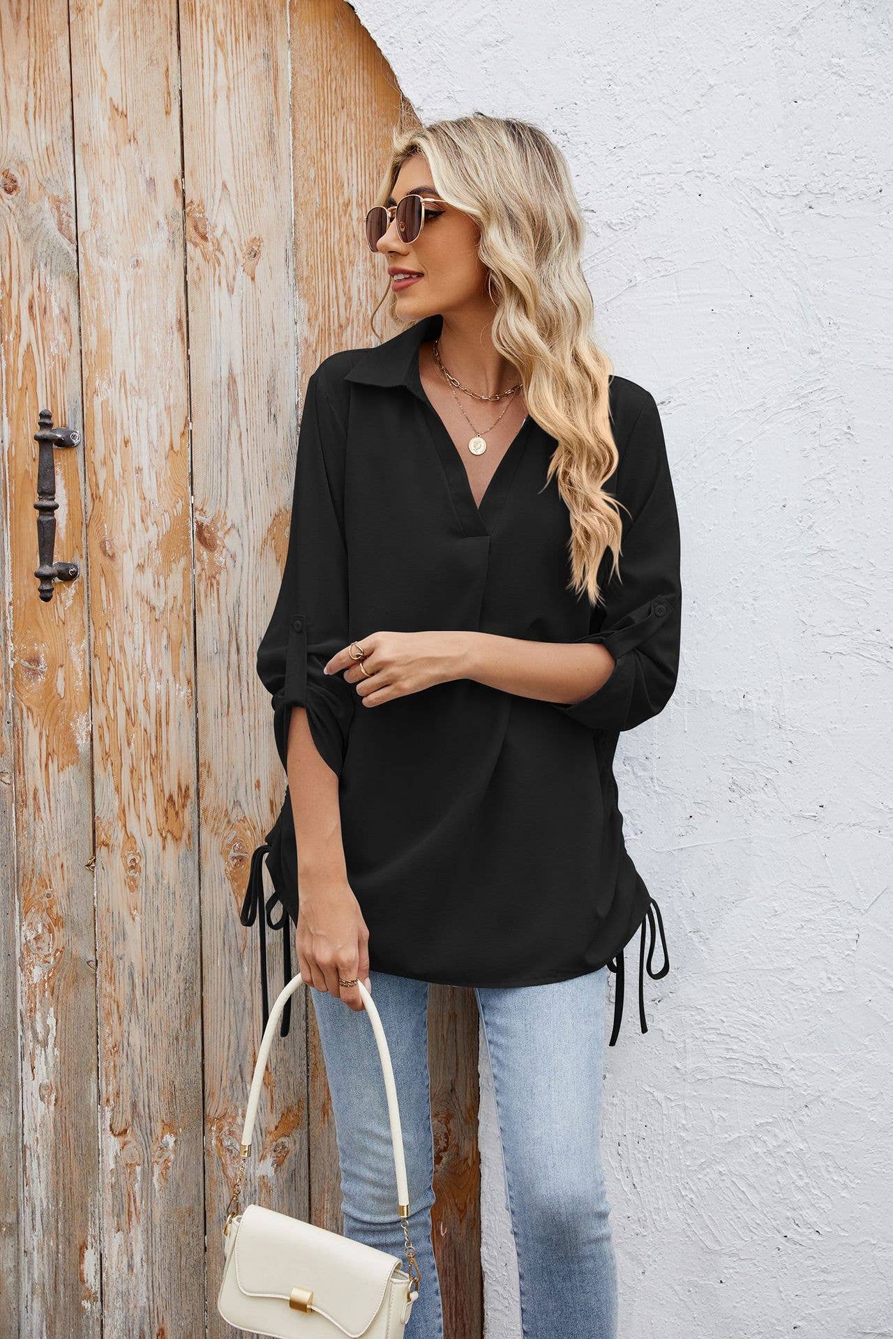 Solid-color loose mid-sleeved chiffon shirt
