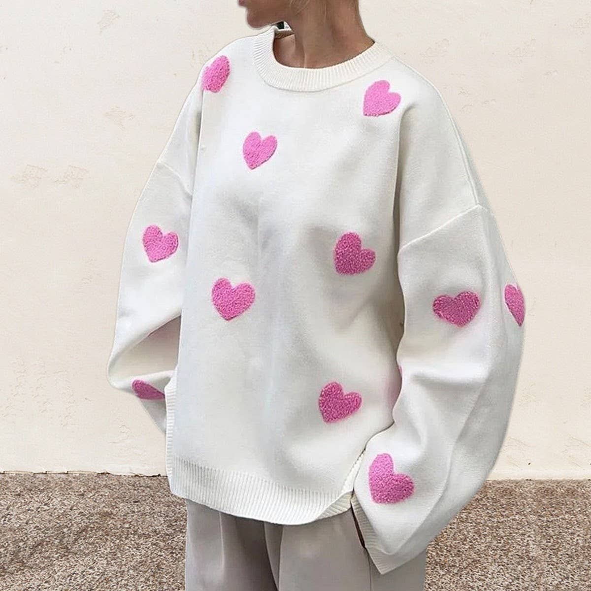 Embroidered Heart Knit Sweater for Women