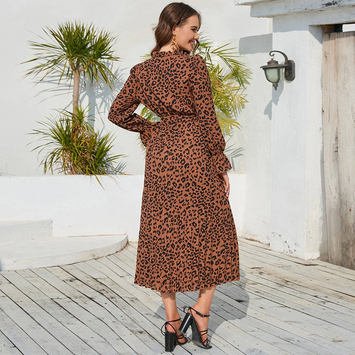 Stand collar lace-up pleated casual long dress