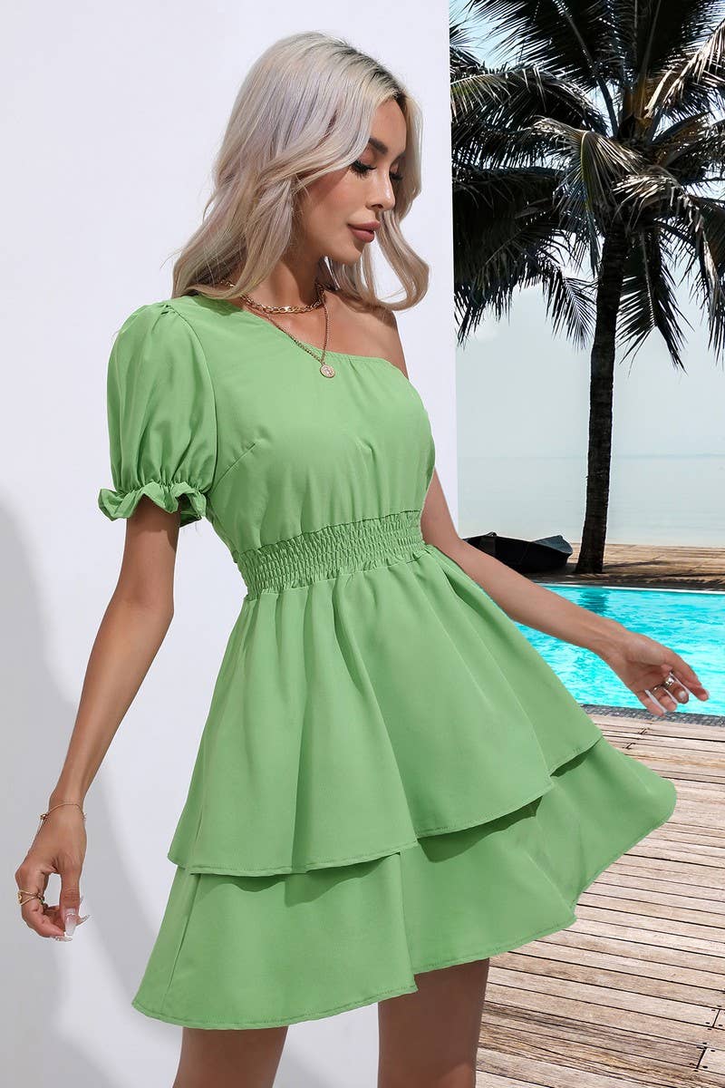 CWDSD2923_One Shoulder Short Sleeve Dresses