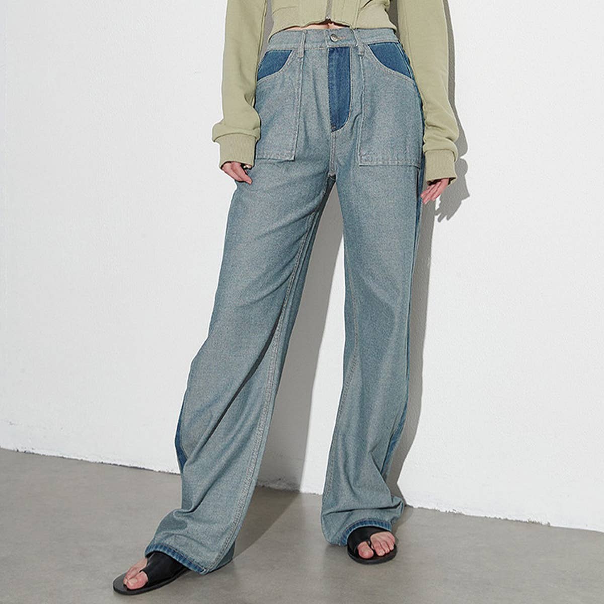 STRAIGHT LEG COLOR BLOCKING DENIM CASUAL PANTS_CWJP0202