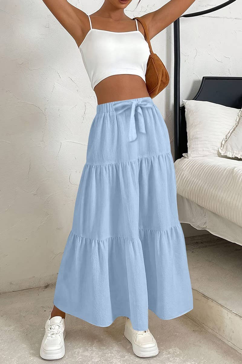 CWBLS0559_BOW WAIST TIERED SOLID MIDI SKIRT