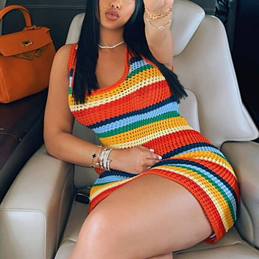 SEXY HOLLOW KNIT HIGH-WAISTED SLIM-FIT DRESS