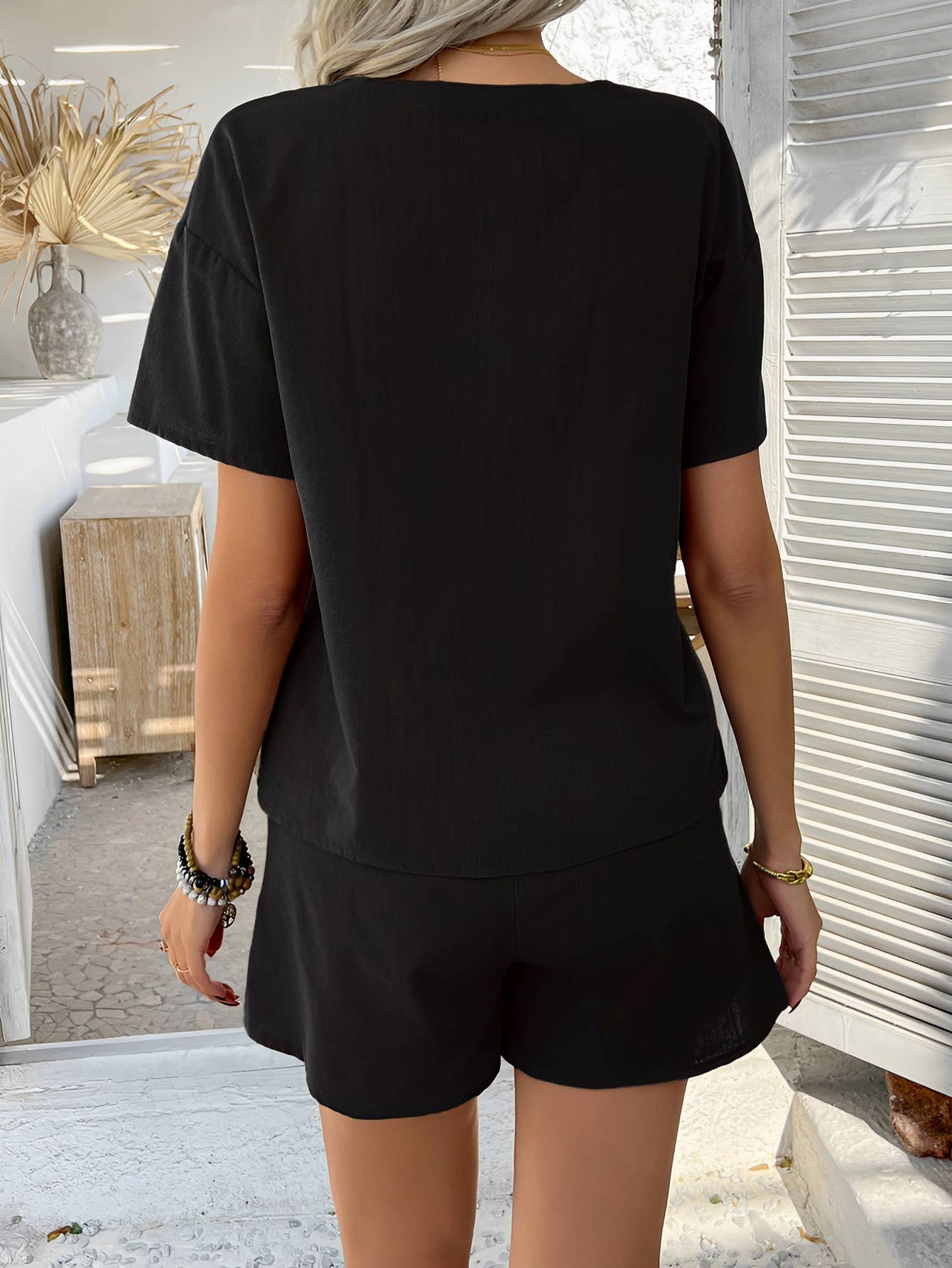 V-neck cardigan shorts loose two-piece set