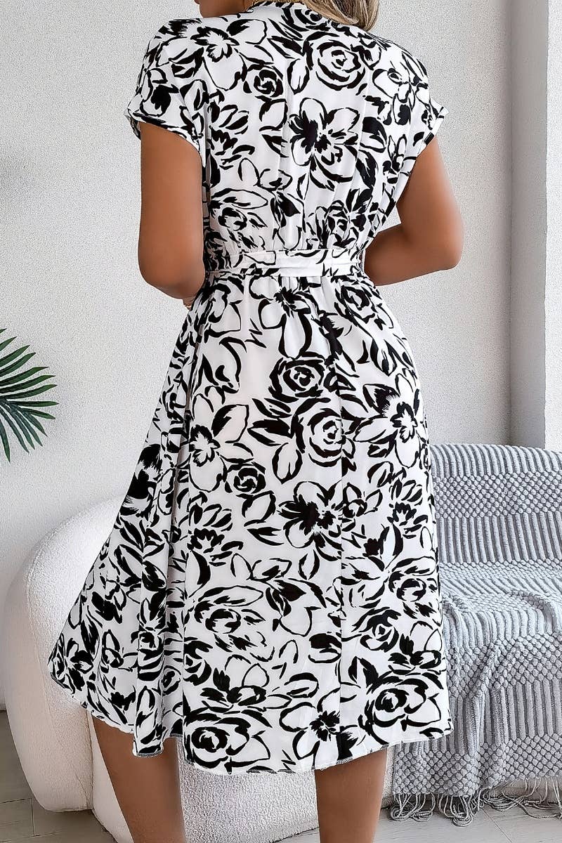 CWDMD2629_SUMMER V-NECK BAT-SLEEVE FLOWER DRESS LONG