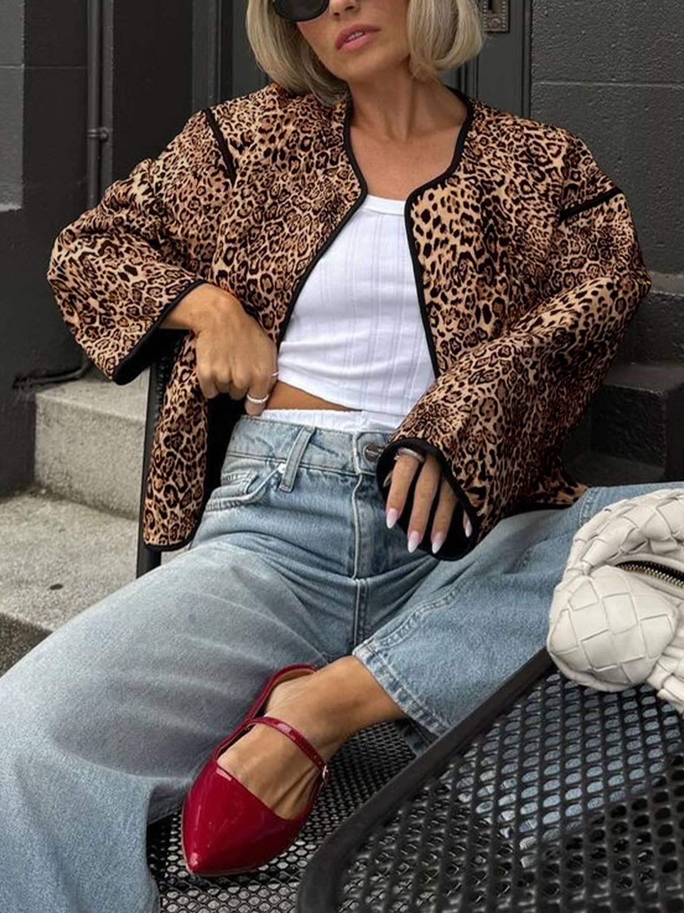 VINTAGE LEOPARD PRINT CREW-NECK UNBUTTONED JACKET