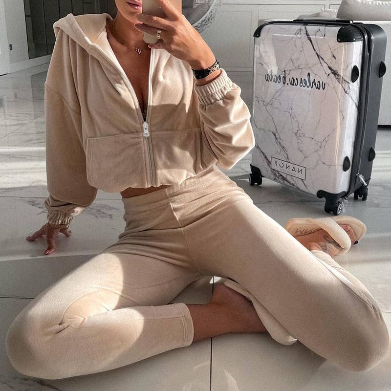 SOLID COLOR LOOSE HOODIE FLEECE SWEATPANTS SUIT