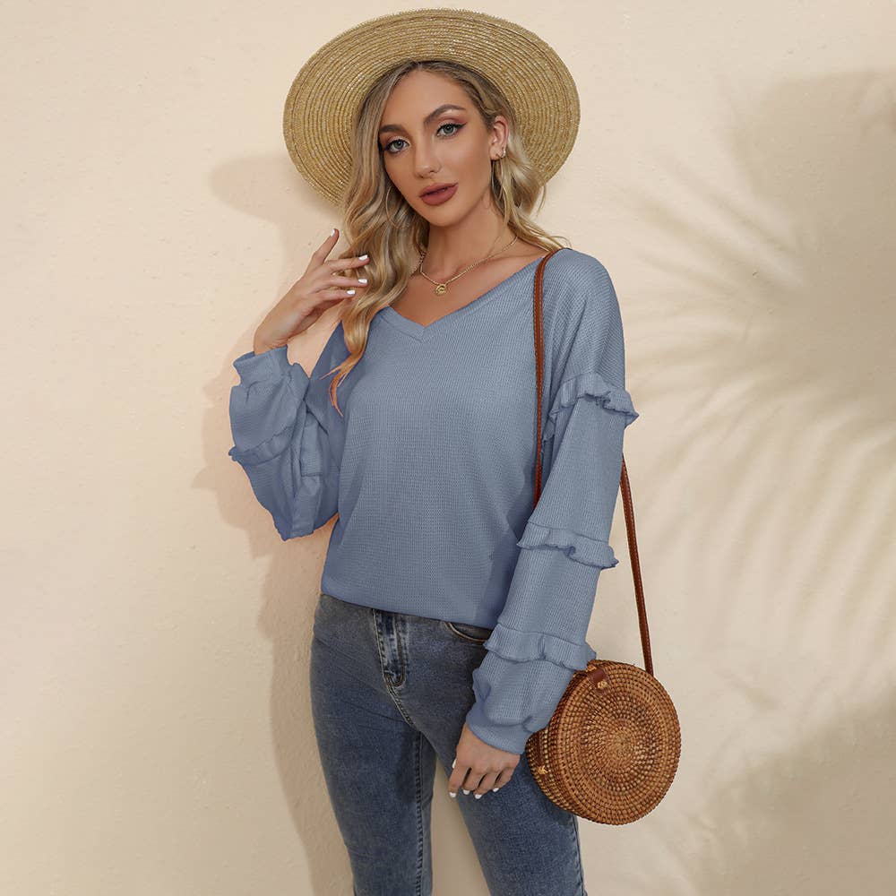 V-NECK RUFFLED LANTERN SLEEVE T-SHIRT