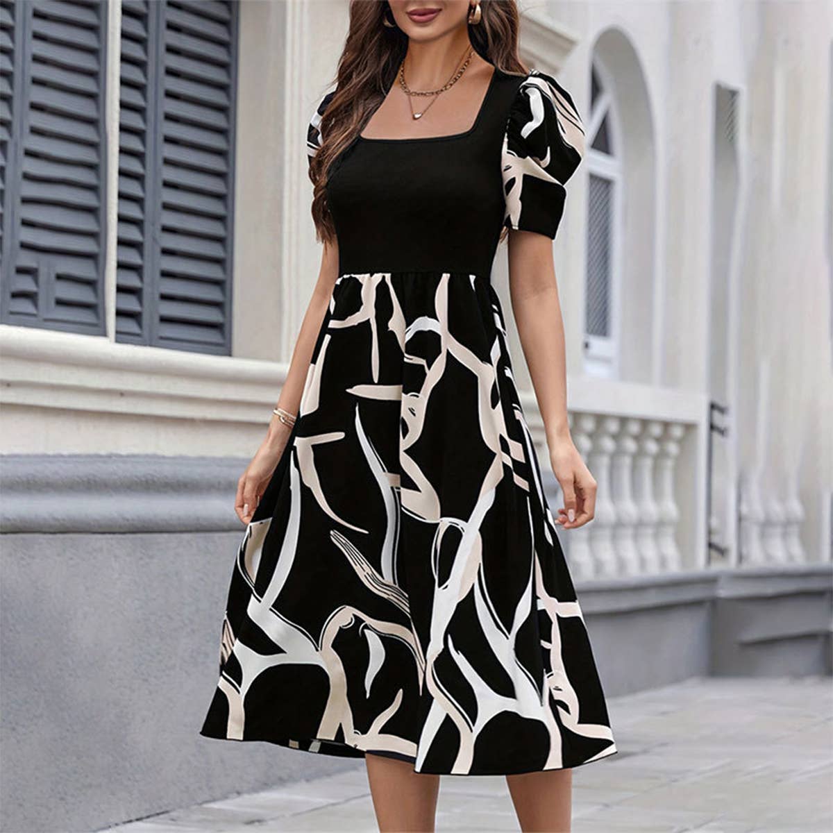 KNITTED PRINT STRETCH SQUARE COLLAR DRESS