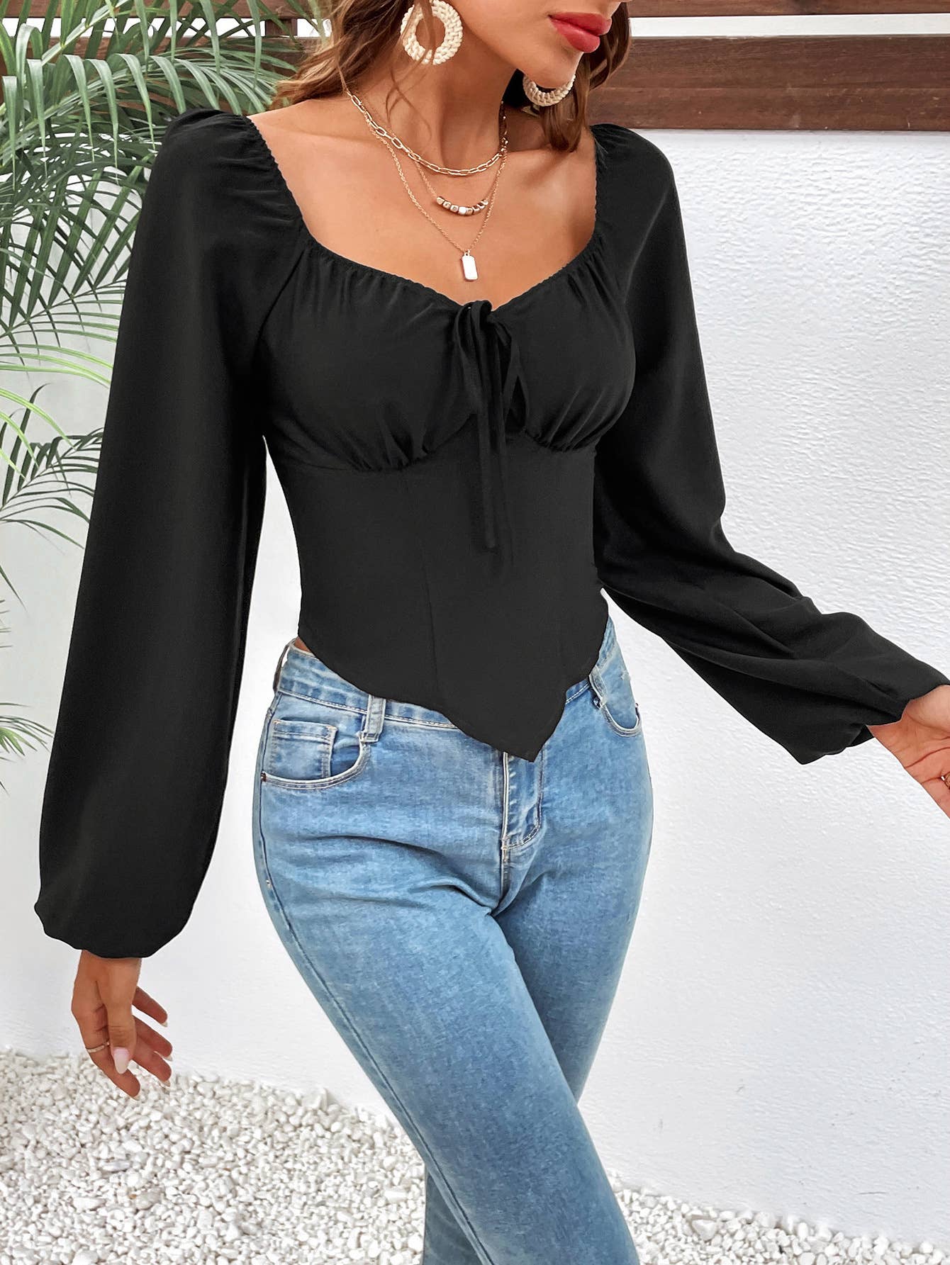 Slimming puffed-sleeve long-sleeved sexy top