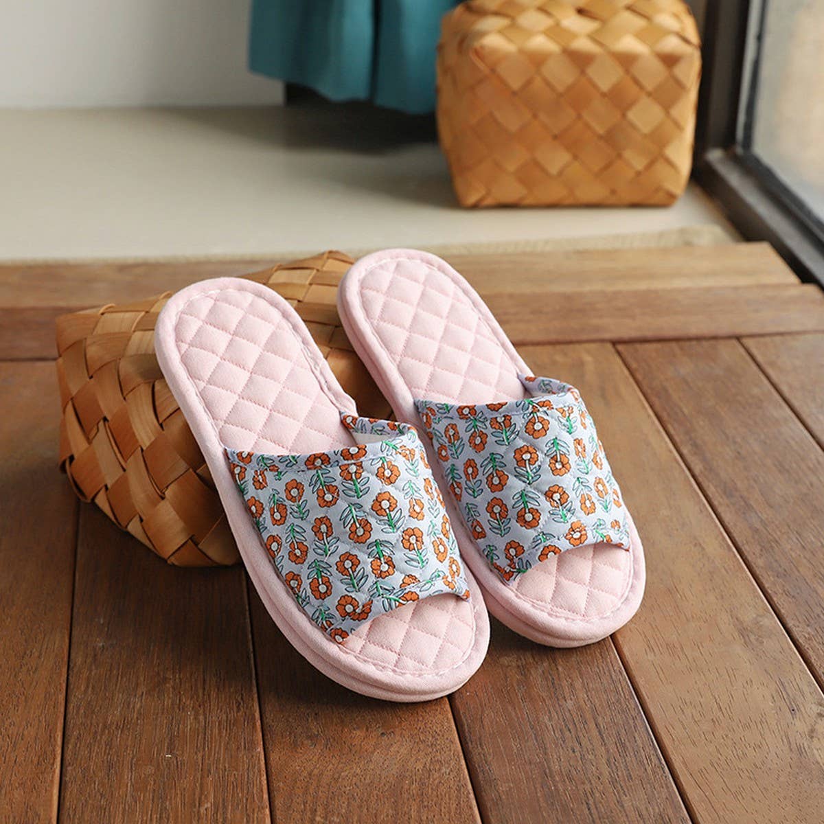 Floral Cotton Linen Slippers with Soft Sole