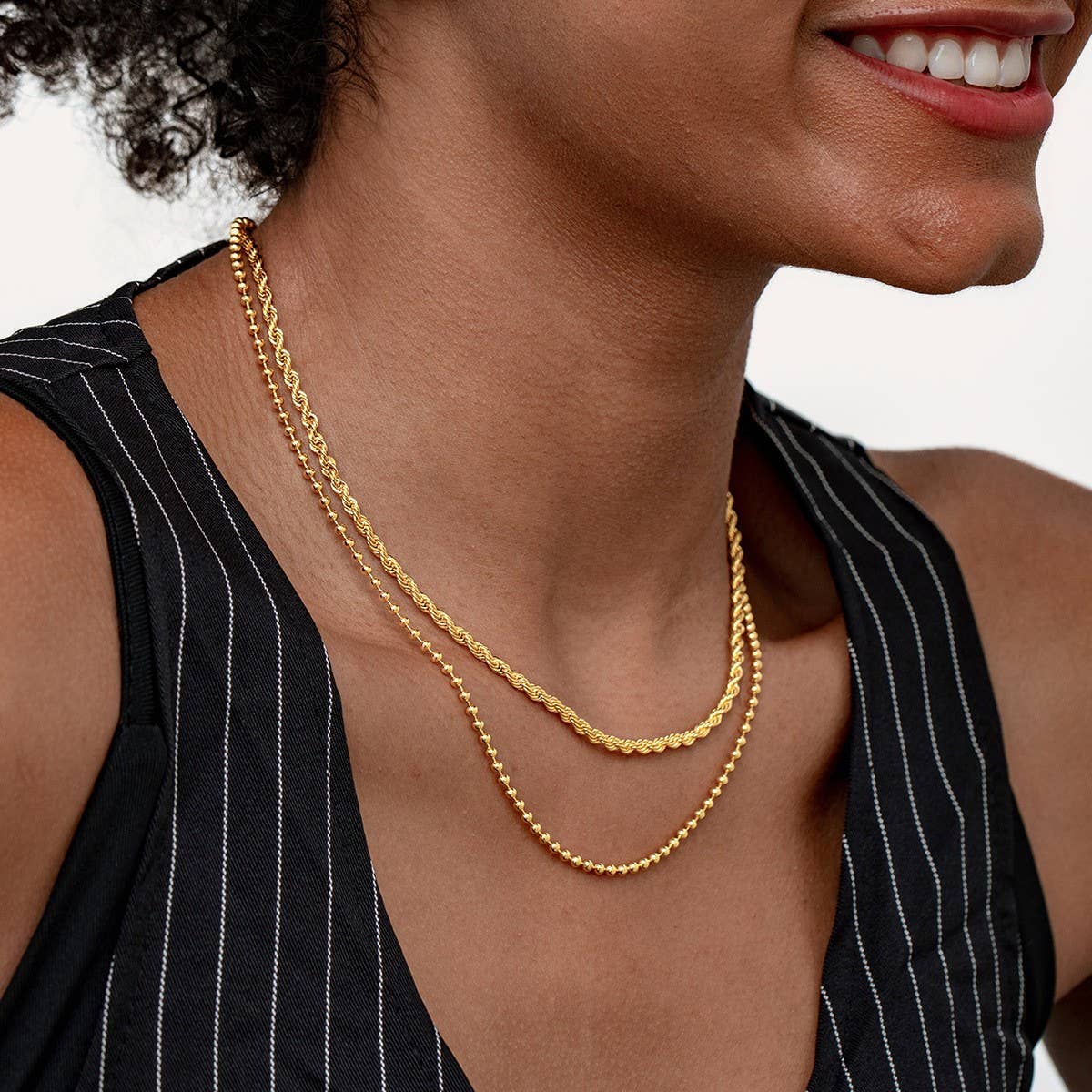 GOLD STAINLESS STEEL BEAN DOUBLE CHAIN NECKLACE
