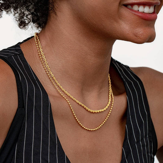 GOLD STAINLESS STEEL BEAN DOUBLE CHAIN NECKLACE