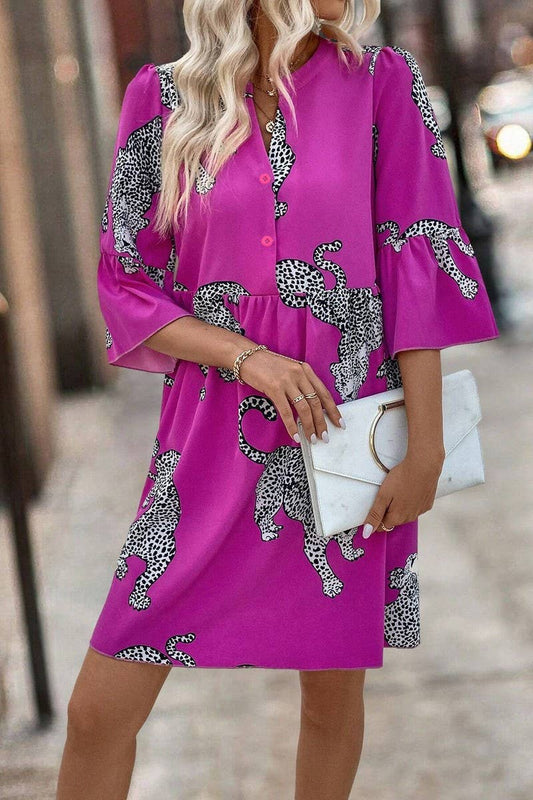 CWDSD6963_LEOPARD PRINT BUTTON BELL SLEEVE DRESS