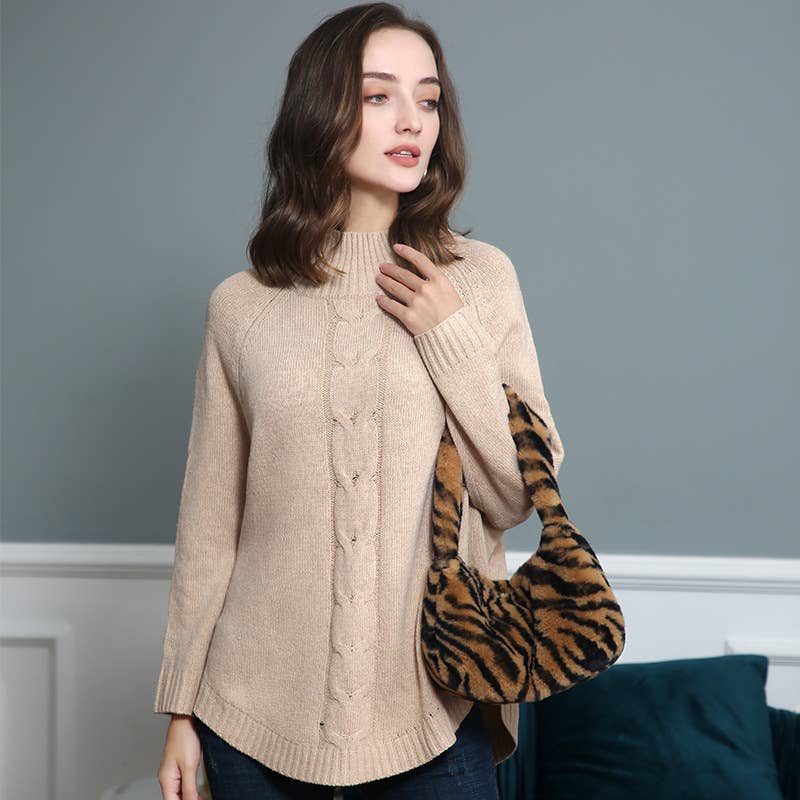 BAT-SLEEVED TURTLENECK TWISTED KNIT SWEATER