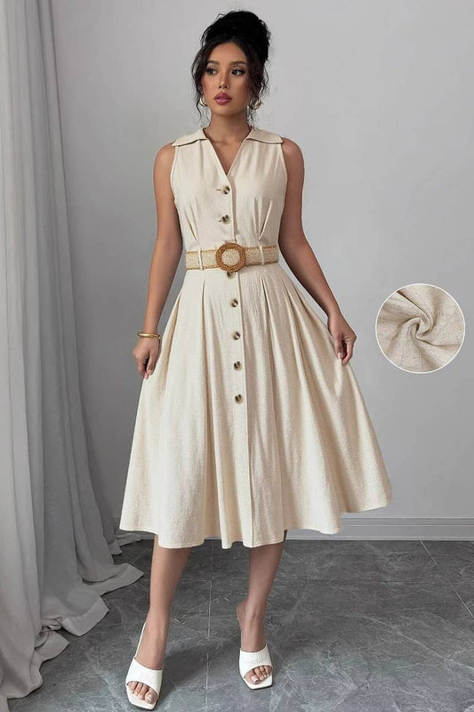 CWDMD6355_LINEN TEXTURE V-NECK SLEEVELESS BUTTON-UP DRESS