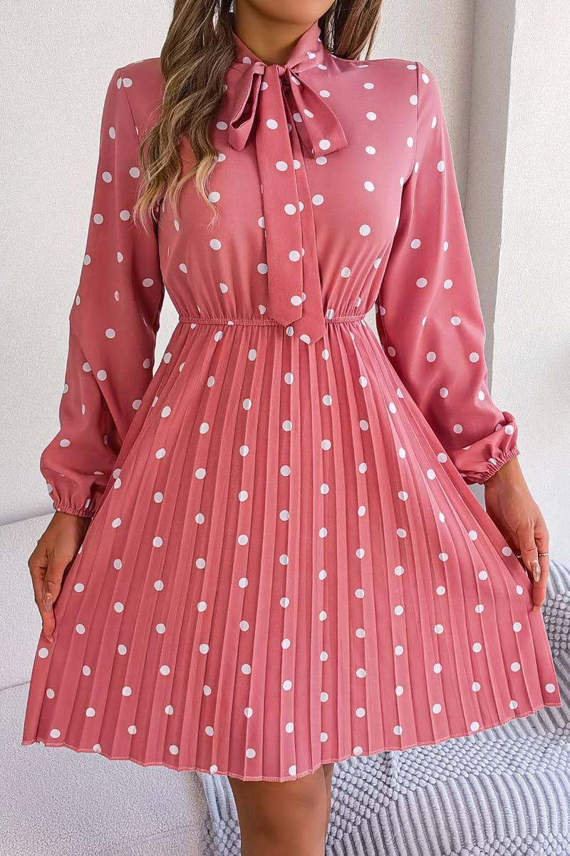CWDSD4684_SUMMER POLKA-DOT WAIST LONG SLEEVE PLEATED DRESS