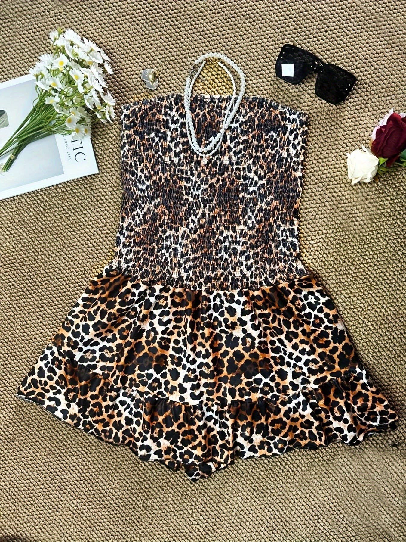 Leopard print strapless sexy pantyskirt dress