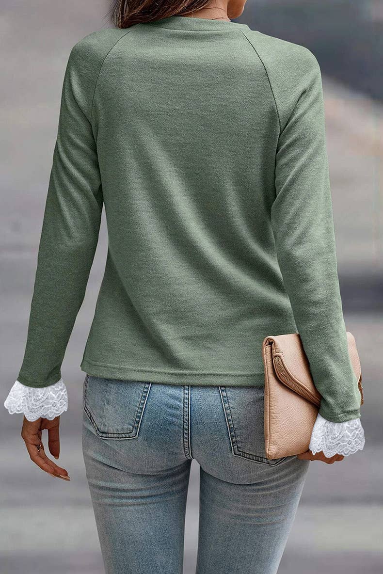 LACE PATCHWORK SOLID COLOR CREW-NECK BASE