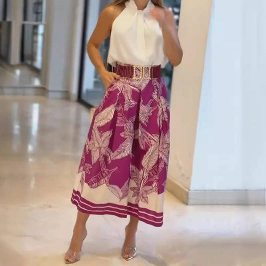 Flowered waisted Bohemian wide-leg pants