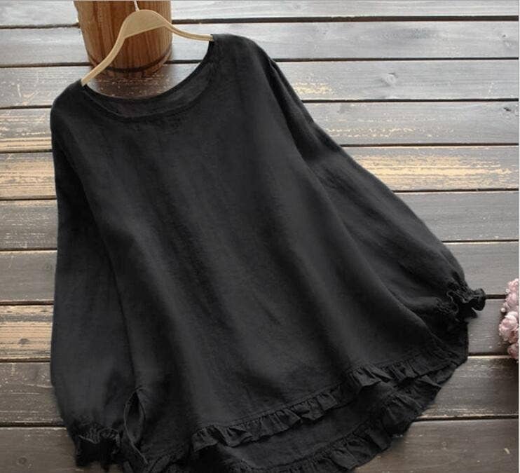 SOLID COLOR LOOSE RUFFLED CUFFS ROUND NECK SHIRT