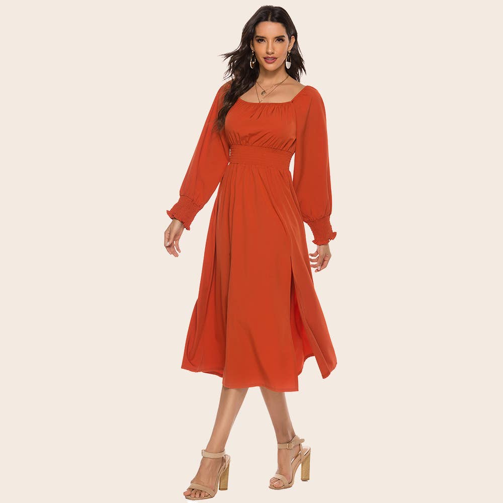 Fashion square collar waist long-sleeved dress