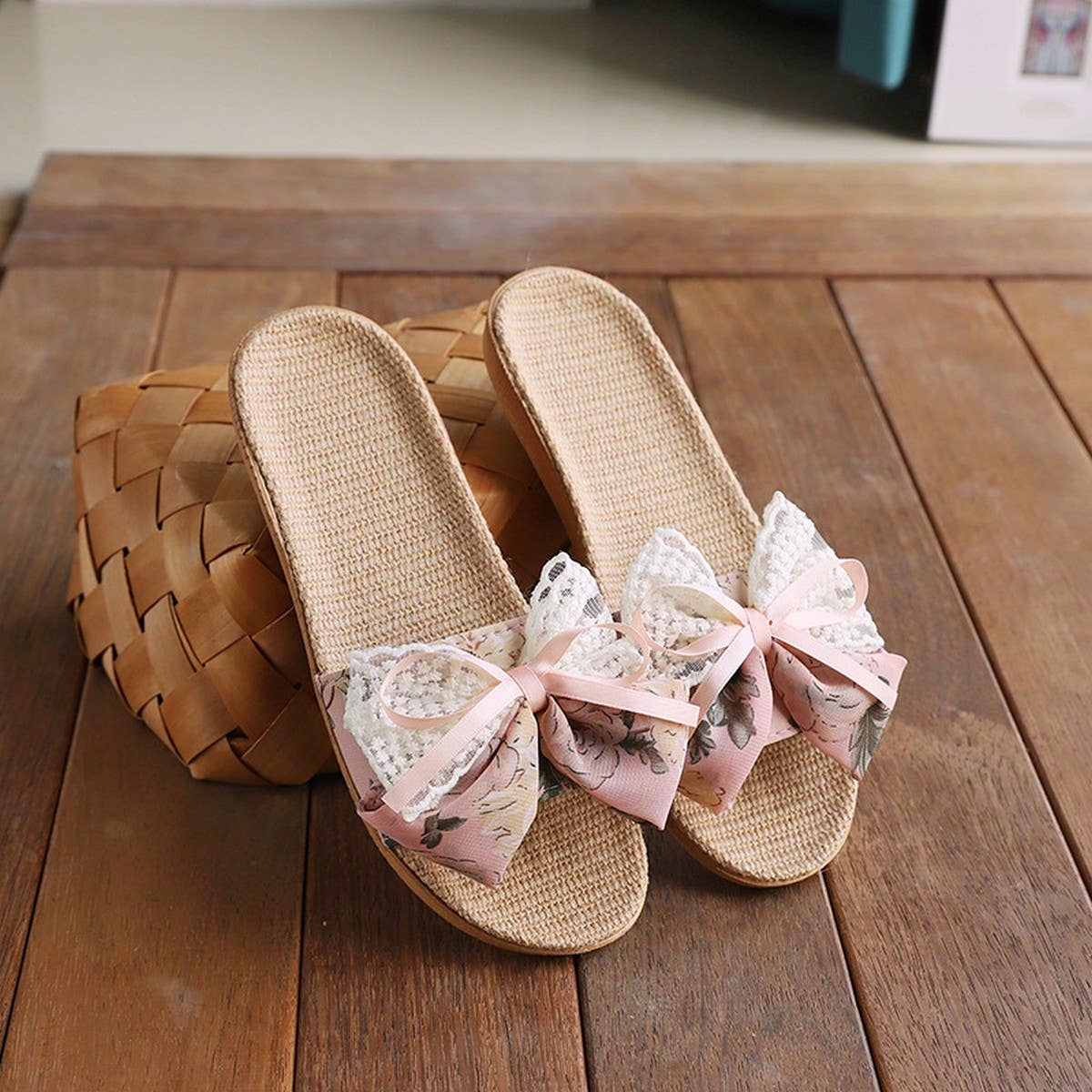 Cute Bow Linen Slippers for Home & Office