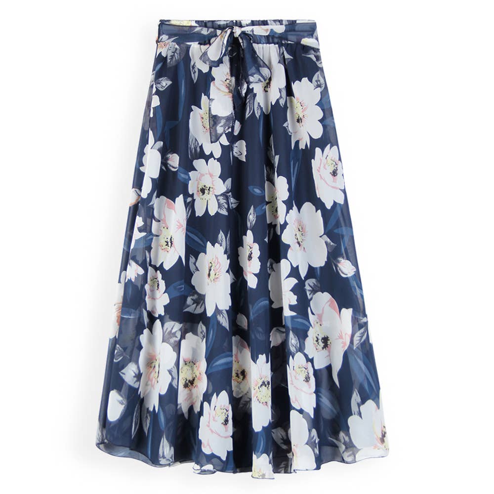 Floral large swing A-line chiffon long skirt