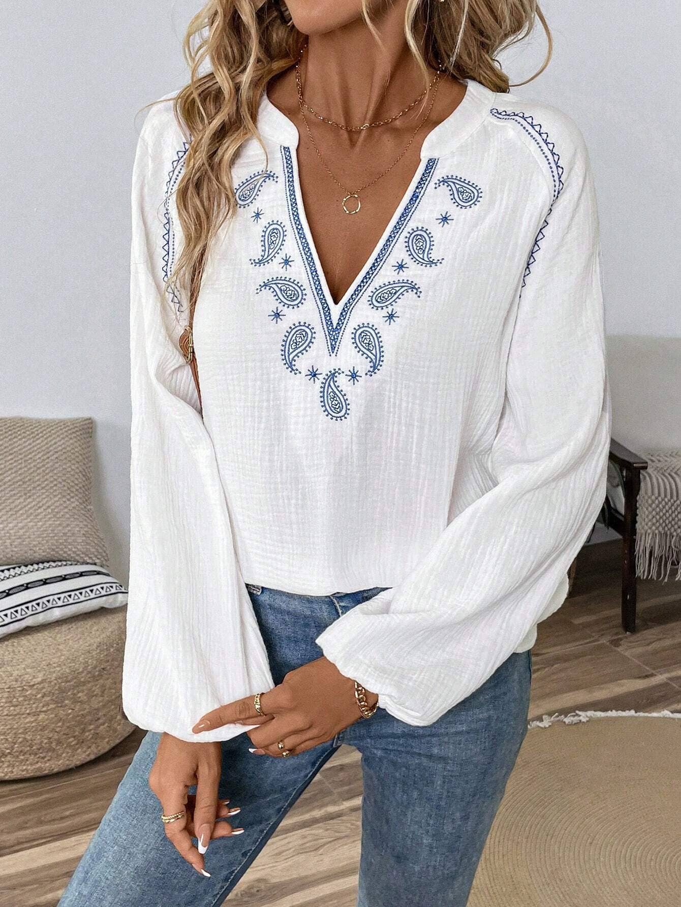 Ethnic-style V-neck embroidered pure cotton top