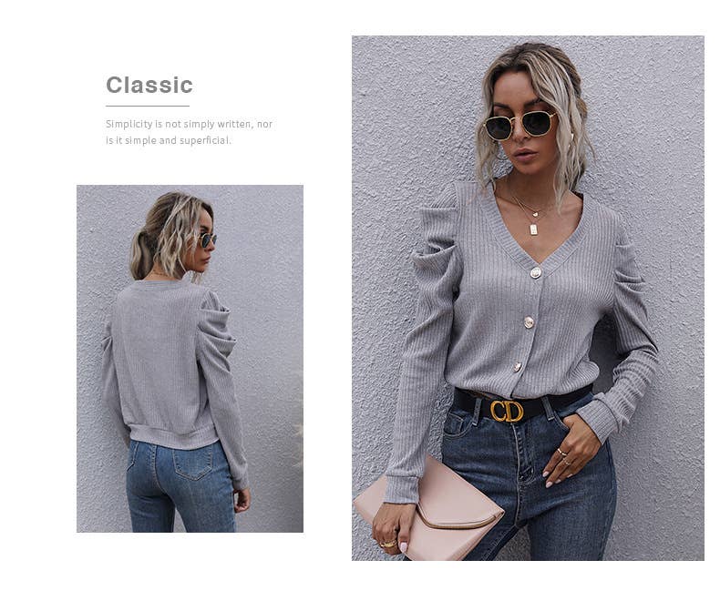 Ruffled pile sleeve cardigan V-neck sweater