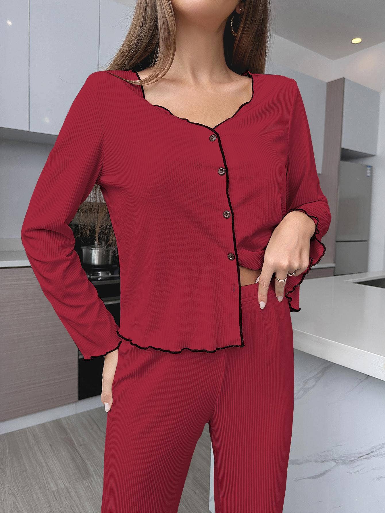 PIT STRIP CARDIGAN LONG SLEEVE TROUSERS HOME SUIT