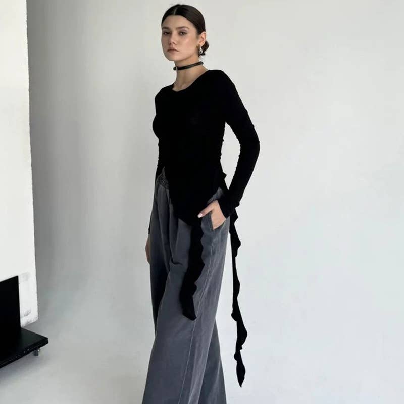 SOLID COLOR ROUND TIE RUFFLED LONG SLEEVE T-SHIRT