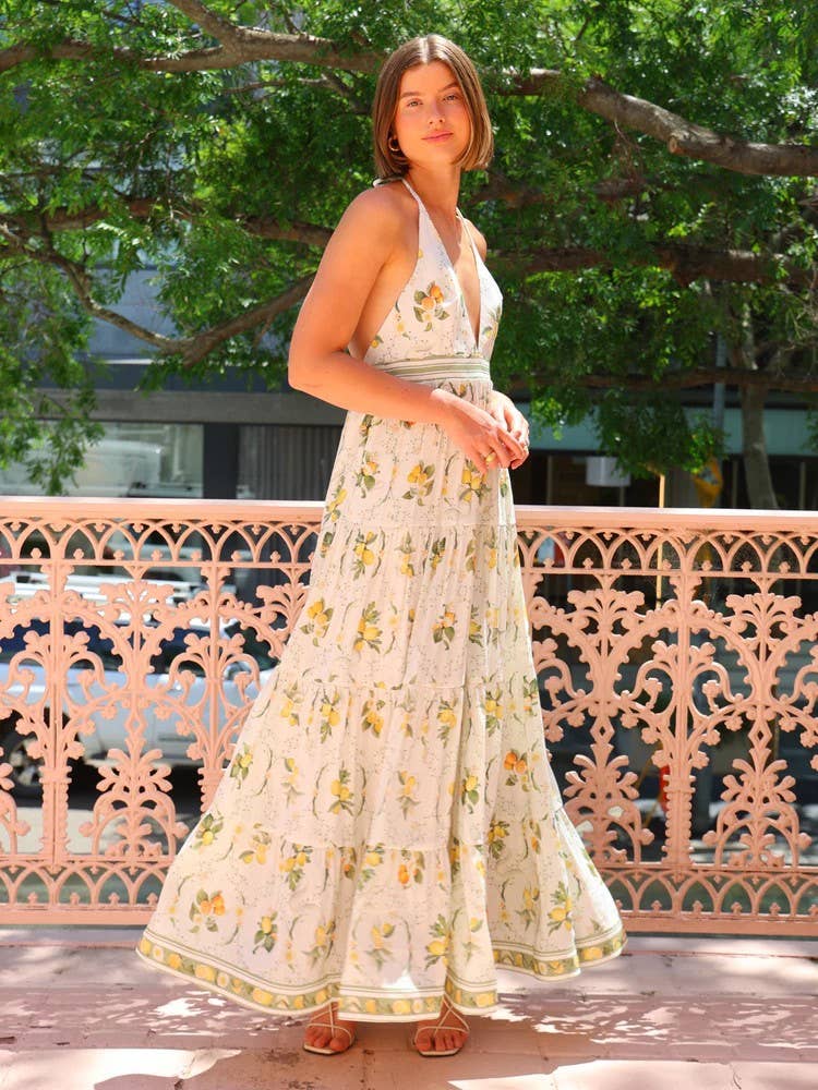 Sweet dress with halter neck and deep V-neck