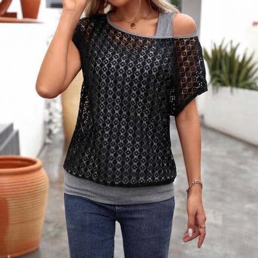 Lace crew neck T-shirt short sleeve two knitwear