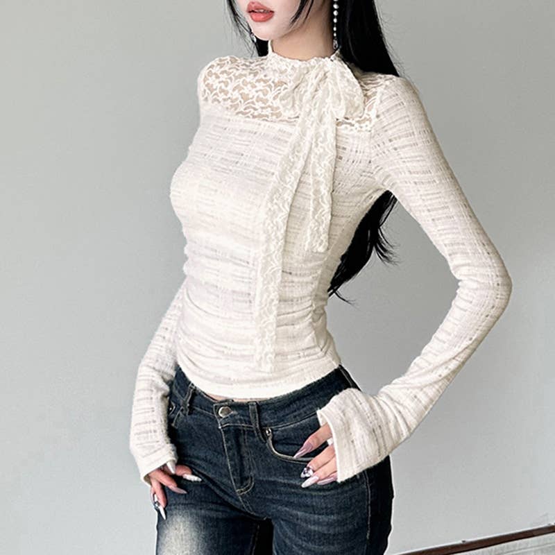 SOLID COLOR BOW AND LACE PULLOVER HALF-NECK TOP