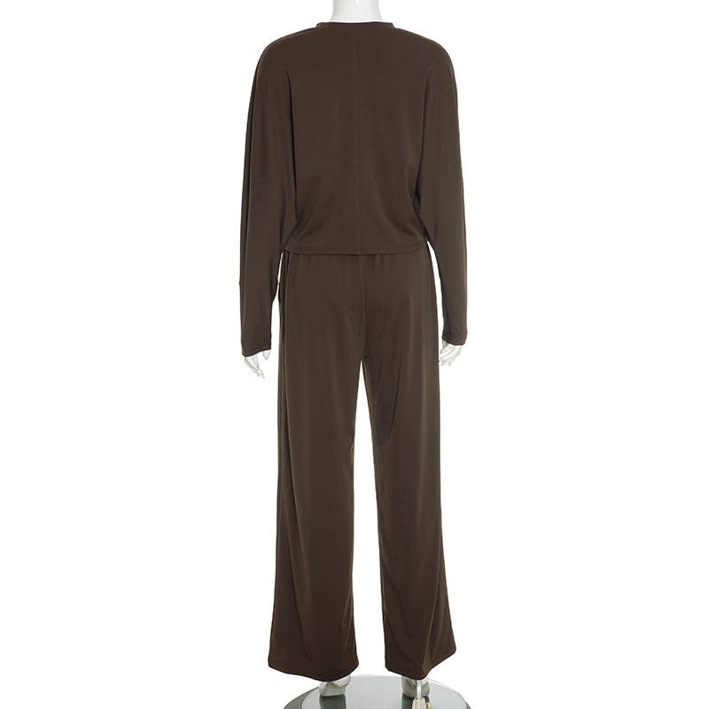 Round-neck straight-leg tie long pants set