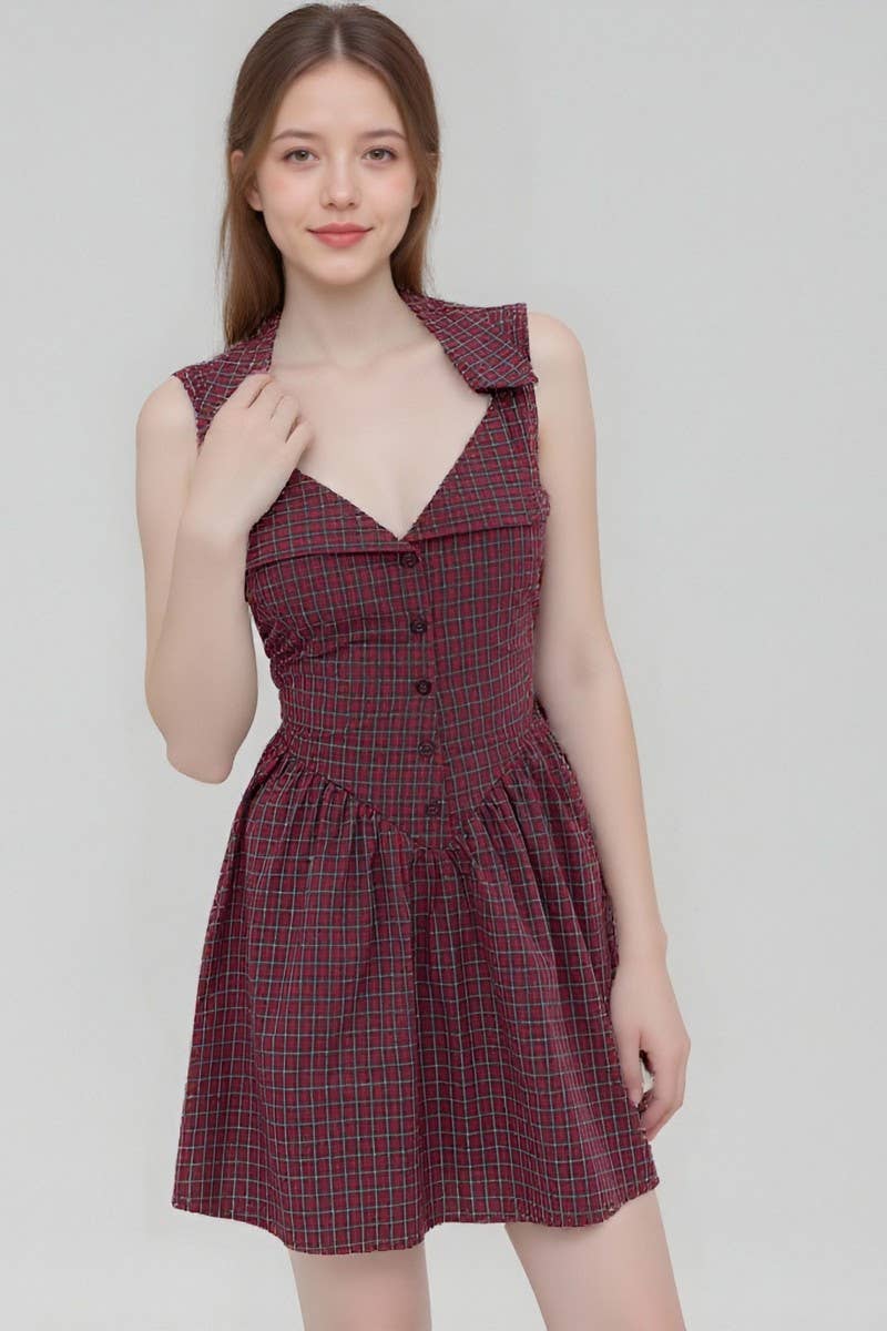 CWDSD8873_PLAID HALTER POLO NECK SLEEVELESS MINI DRESS
