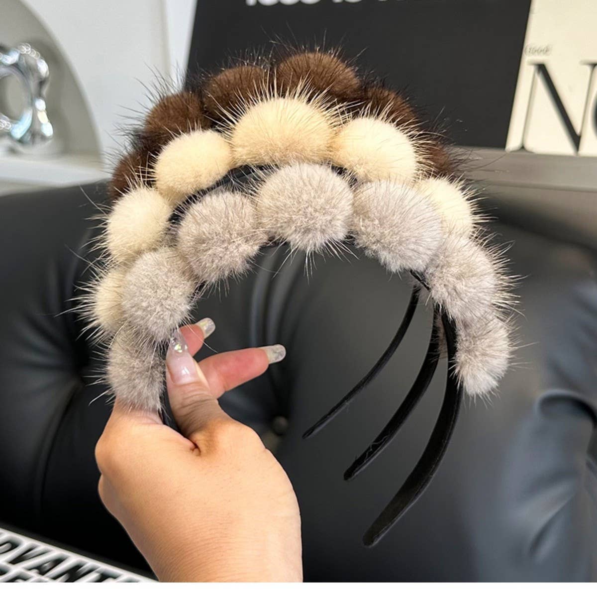CUTE REAL MINK FUR BALL HEADBAND FUR HEADDRESS