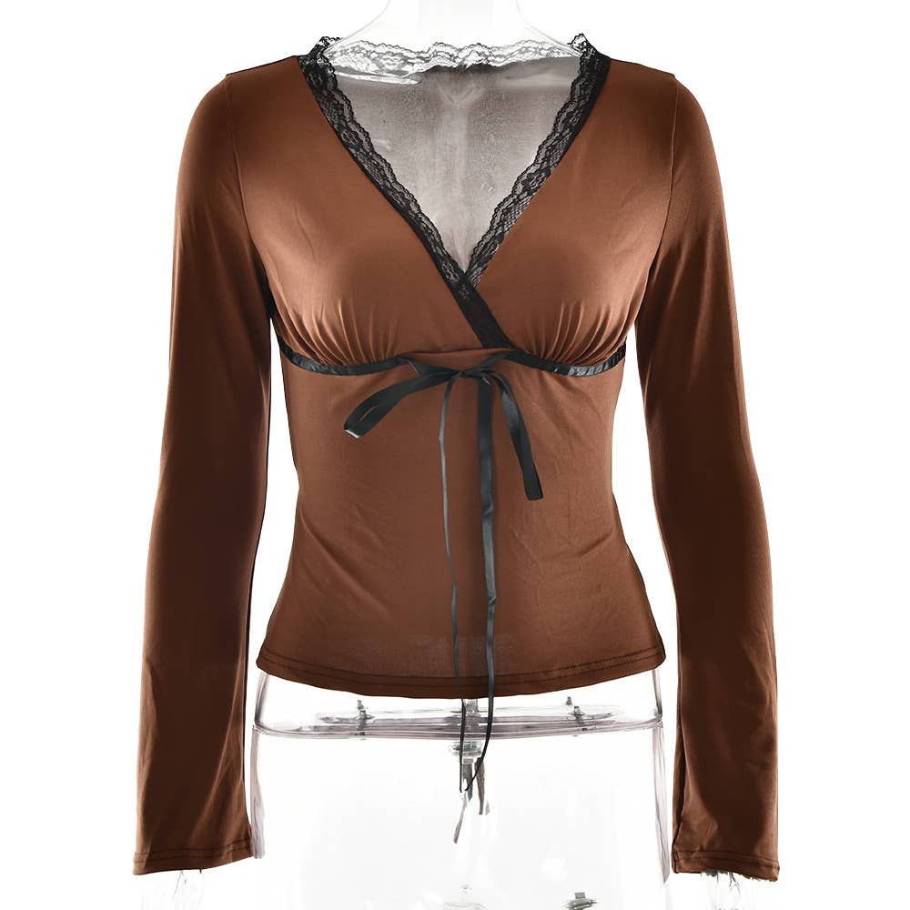 V-neck lace-trimmed bow sexy slimming T-shirt