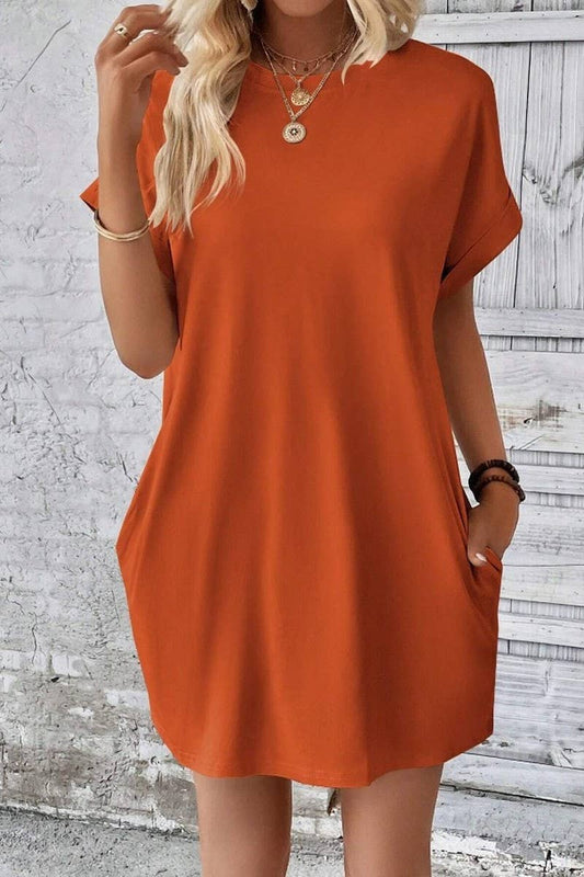 CWDSD3628_SOLID COLOR ROUND NECK LOOSE POCKET SHORT DRESS