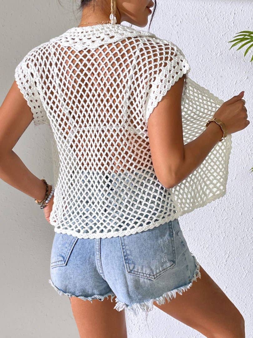 SOLID COLOR HOLLOW-OUT LOOSE LAPELS CARDIGAN