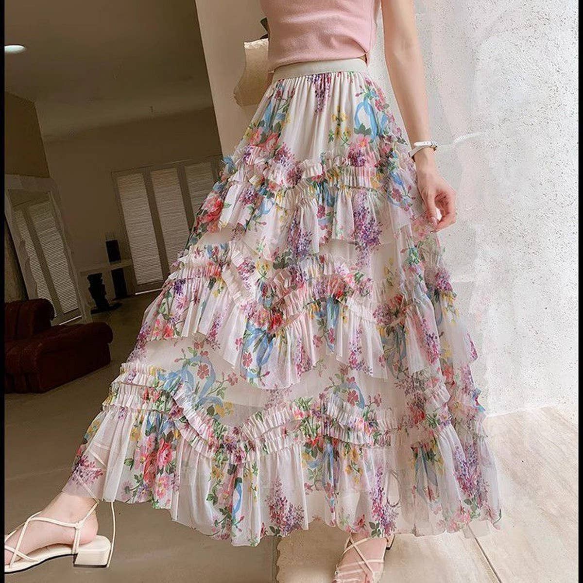 COLORFUL FLORAL MESH PRINT PLEATED TULLE SKIRT